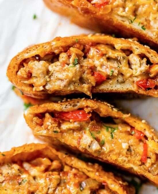 Sausage Pepper and Onion Stromboli (Stuffed Sausage Bread)