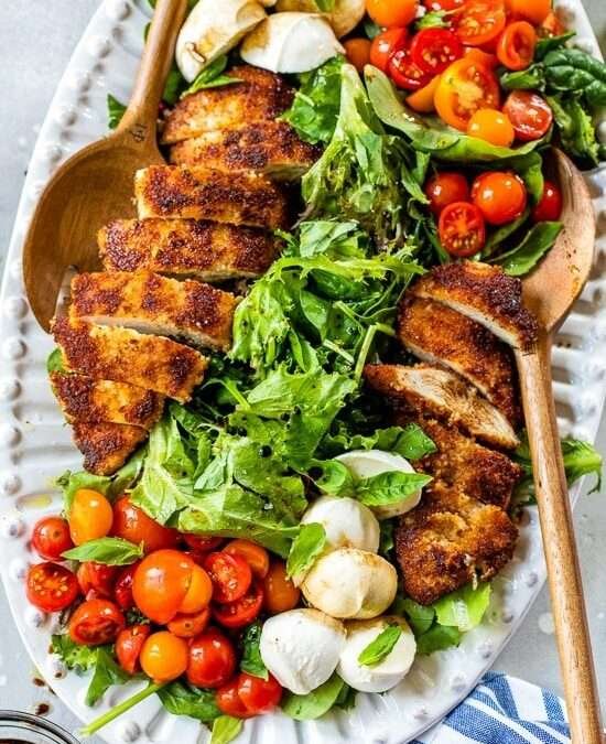 Chicken Cutlet Caprese Salad (Lightly Pan Fried)