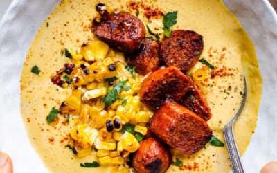 Vegan corn chowder with vegan chorizo