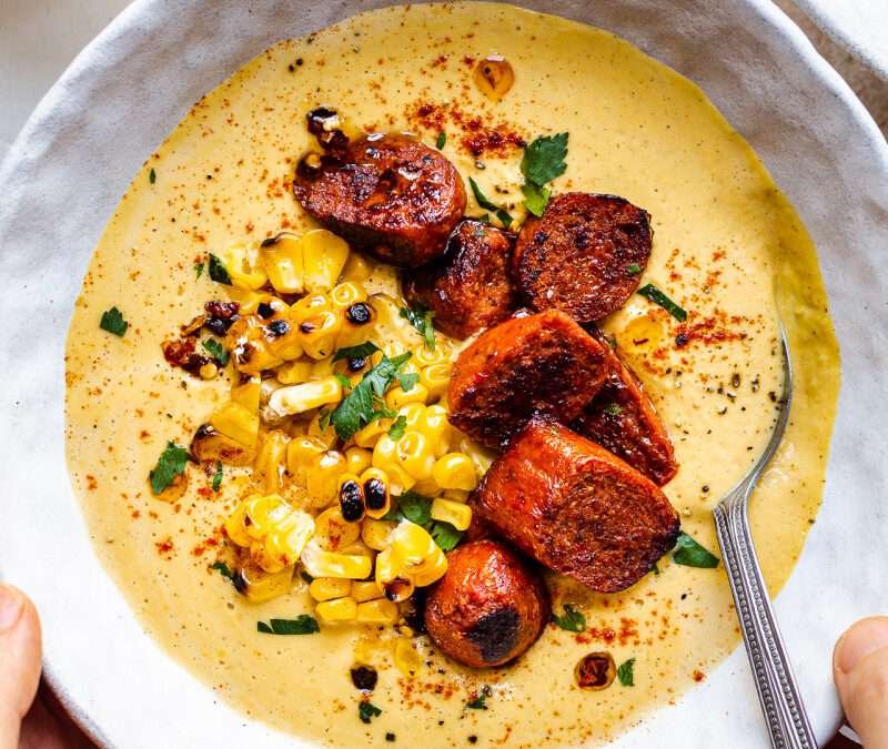 Vegan corn chowder with vegan chorizo