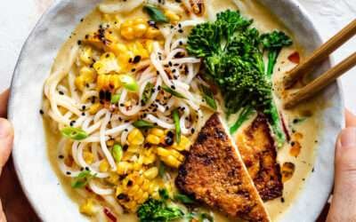 Vegan ramen with charred corn