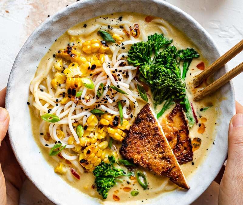 Vegan ramen with charred corn