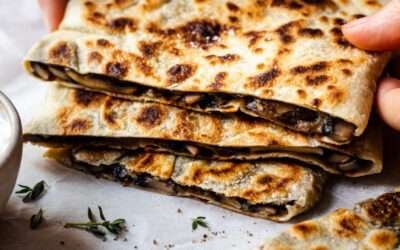 Vegan gozleme with cheesy mushrooms