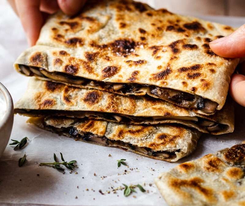 Vegan gozleme with cheesy mushrooms