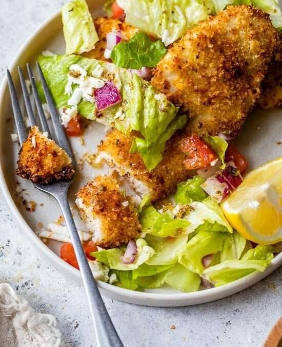 Air Fryer Chicken Milanese with Mediterranean Salad