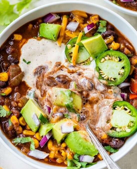 Easy Black Bean Vegetarian Chili with Spiced Yogurt