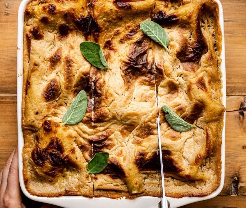 Vegan lasagna with pumpkin and mushroom