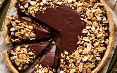 Vegan chocolate tart with peanut caramel