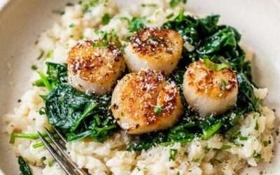 Scallops over Wilted Spinach Parmesan Risotto