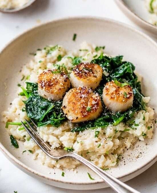Scallops over Wilted Spinach Parmesan Risotto