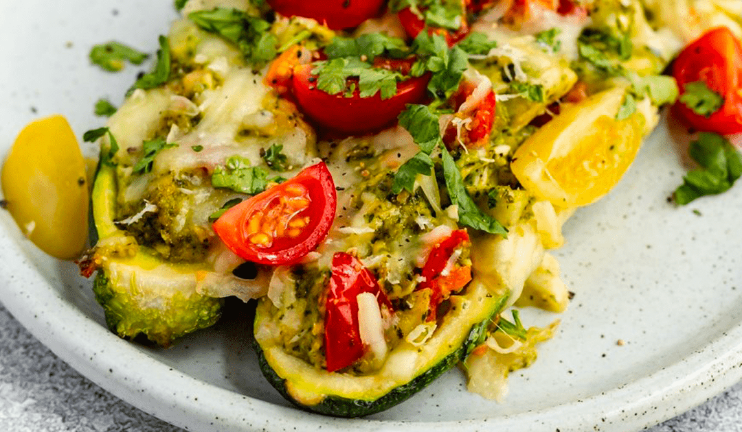 Pesto Chicken Stuffed Zucchini Boats