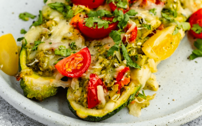 Pesto Chicken Stuffed Zucchini Boats