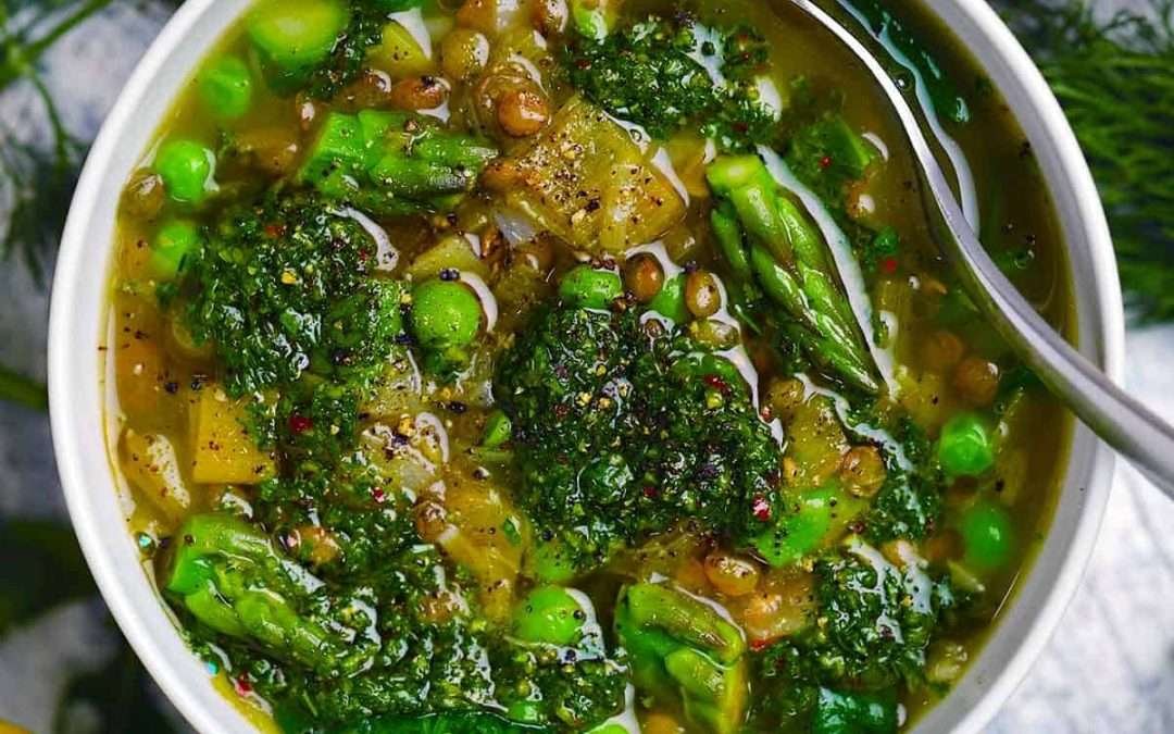 Spring Lentil Vegetable Soup with Fresh Herb Pistou